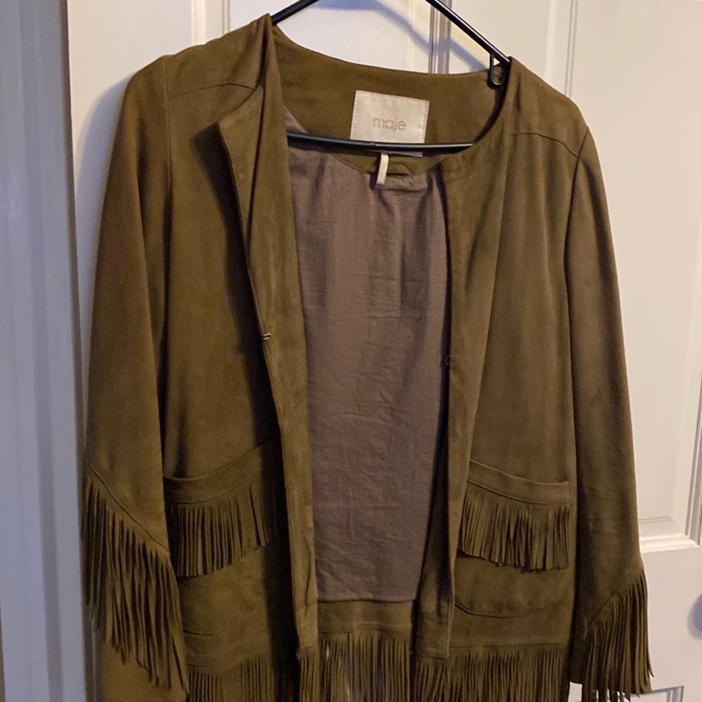 Suede jacket lightweight with fringes khaki/olive color